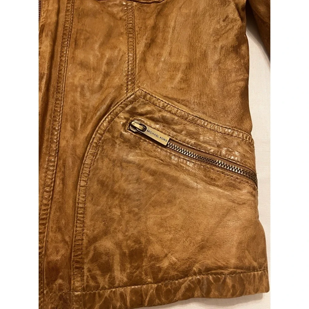 MICHAEL KORS Leather Moto Jacket Cafe Racer Zipped Sleeve Pocket Cognac Brown Lg